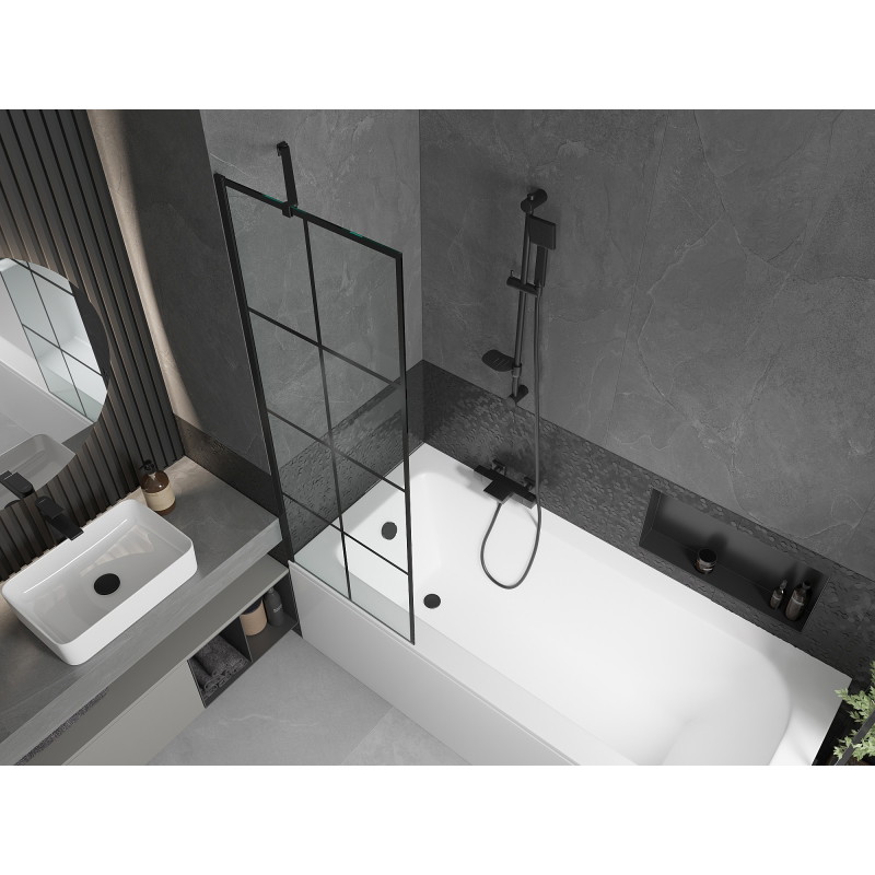 Mexen Vega obdélníková vana 150 x 70 cm s krytem a jednokřídlou zástěnou 60 cm, černý vzor - 550115070X9506007077