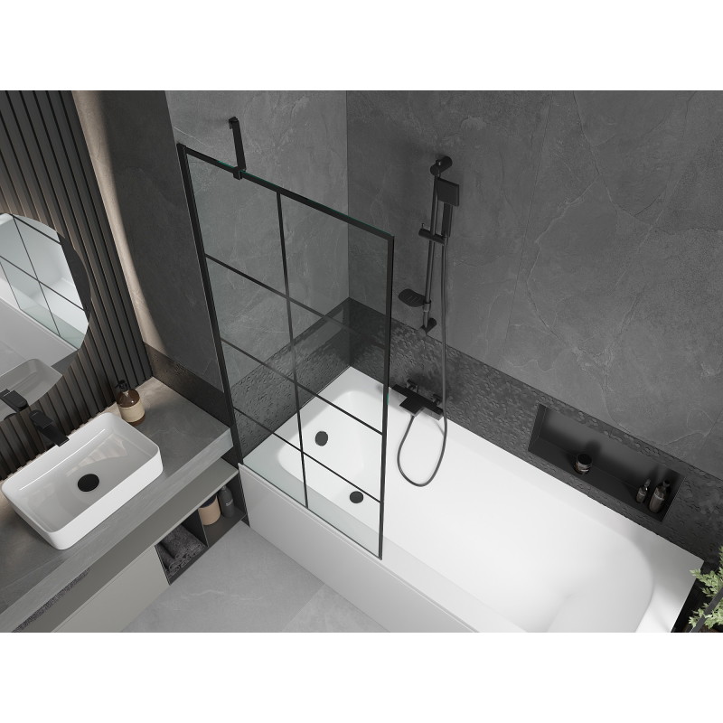 Mexen Vega obdélníková vana 150 x 70 cm s obkladem a jednokřídlou zástěnou 80 cm, černý vzor - 550115070X9508007077