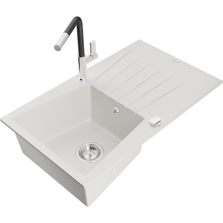 Mexen Cesar granitový dřez 1-komorový s odkapávačem a kuchyňskou baterií Flora, bílý - 6514-20-670401-07