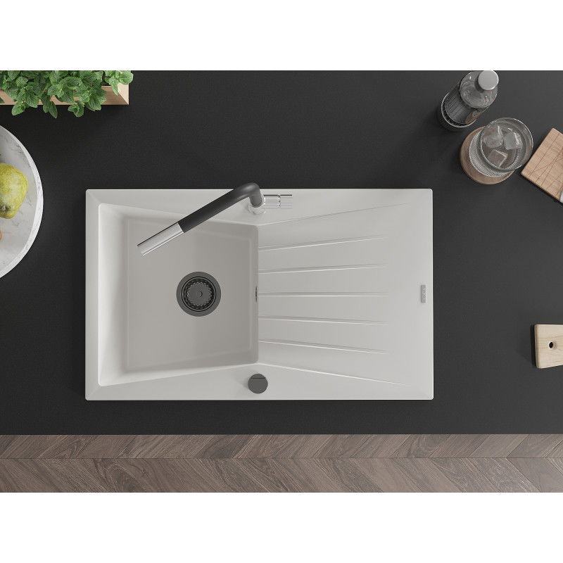 Mexen Cesar granitový dřez 1-komorový s odkapávačem a kuchyňskou baterií Flora, bílý - 6514-20-670401-07-B
