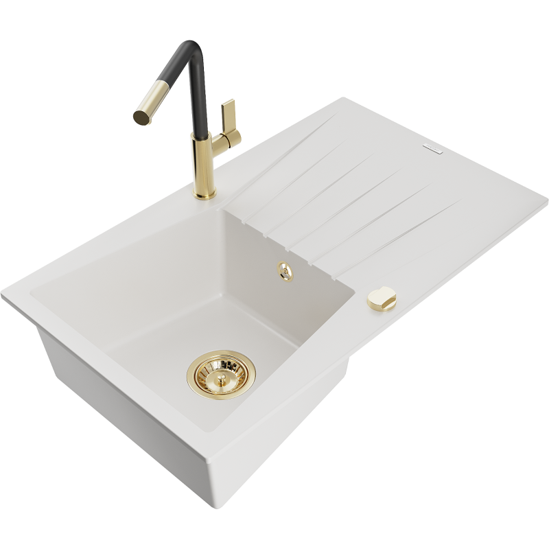 Mexen Cesar granitový kuchyňský dřez 1-komorový s odkapávačem a kuchyňskou baterií Flora, bílý - 6514-20-670401-57-G