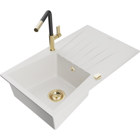 Mexen Cesar granitový kuchyňský dřez 1-komorový s odkapávačem a kuchyňskou baterií Flora, bílý - 6514-20-670401-57-G