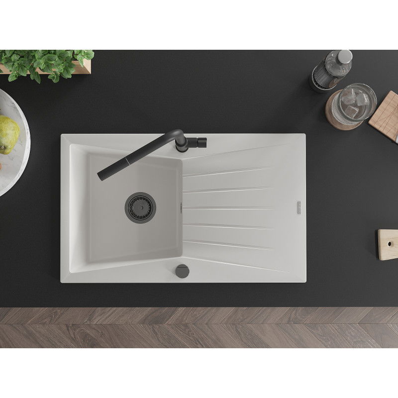 Mexen Cesar granitový dřez s 1 komorou a odkapávačem a kuchyňskou baterií Flora, bílý - 6514-20-670401-70-B