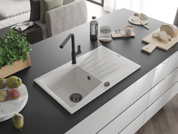 Mexen Cesar granitový dřez s 1 komorou a odkapávačem a kuchyňskou baterií Flora, bílý - 6514-20-670401-70-B