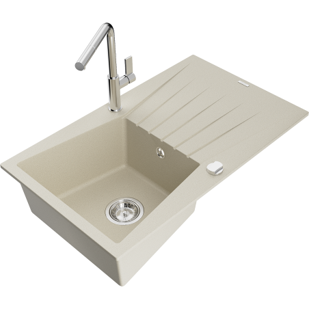 Mexen Cesar granitový dřez s 1 komorou a odkapávačem a kuchyňskou baterií Flora, béžový - 6514-69-670401-00