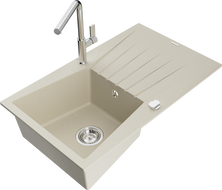 Mexen Cesar granitový dřez s 1 komorou a odkapávačem a kuchyňskou baterií Flora, béžový - 6514-69-670401-00
