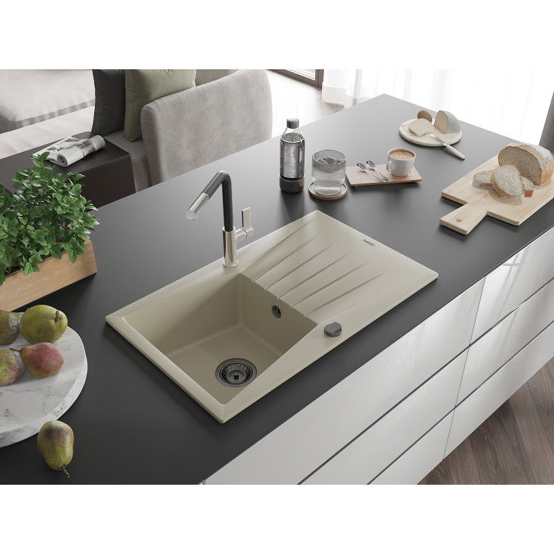 Mexen Cesar granitový dřez 1-komorový s odkapávačem a kuchyňskou baterií Flora, béžový - 6514-69-670401-07-B