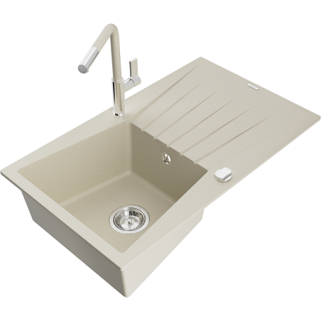 Mexen Cesar granitový dřez 1-komorový s odkapávačem a kuchyňskou baterií Flora, béžový - 6514-69-670401-09