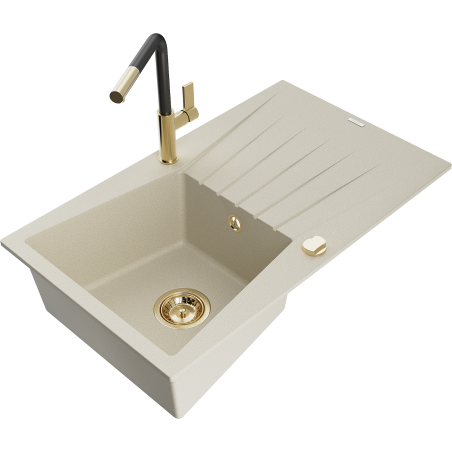Mexen Cesar granitový dřez jednokomorový s odkapávačem a kuchyňskou baterií Flora, béžový - 6514-69-670401-57-G