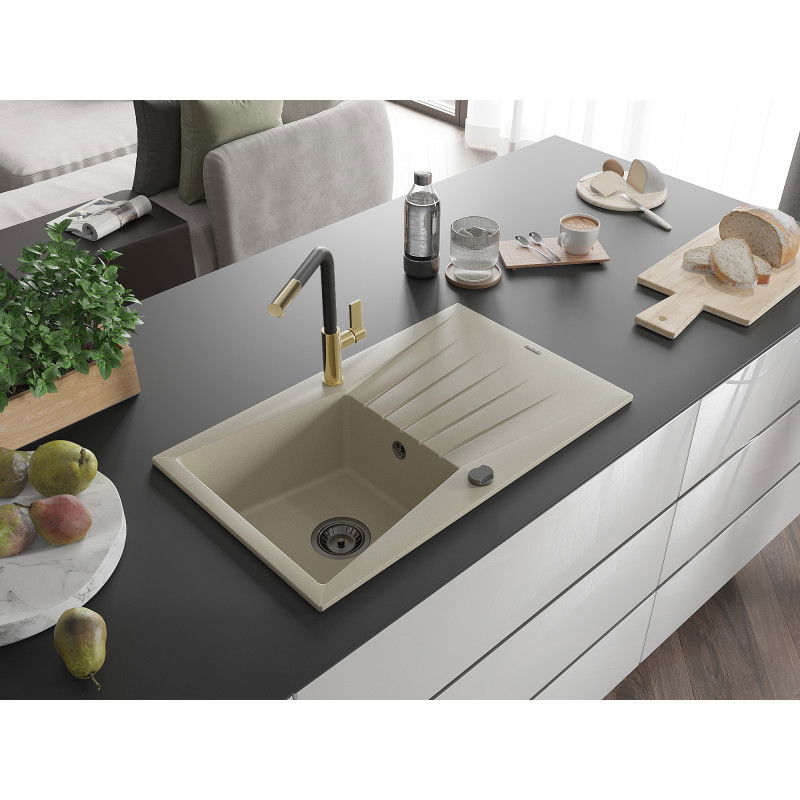 Mexen Cesar granitový dřez s 1 komorou a odkapávačem a kuchyňskou baterií Flora, béžový - 6514-69-670401-57-B