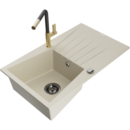 Mexen Cesar granitový dřez s 1 komorou a odkapávačem a kuchyňskou baterií Flora, béžový - 6514-69-670401-57-B