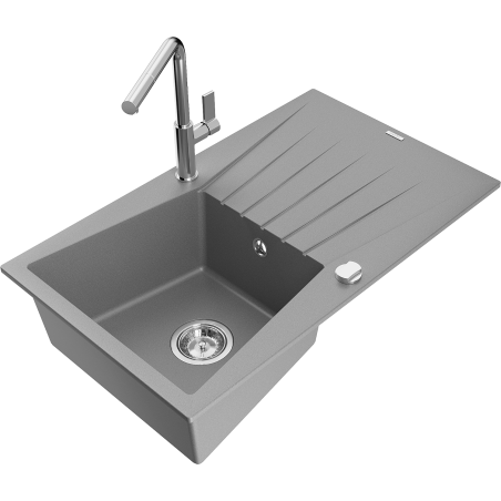 Mexen Cesar granitový dřez s jednou komorou, odkapávačem a kuchyňskou baterií Flora, šedý - 6514-71-670401-00