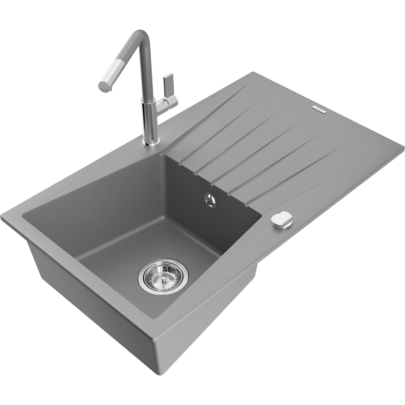 Mexen Cesar granitový dřez 1-komorový s odkapávačem a kuchyňskou baterií Flora, šedý - 6514-71-670401-06