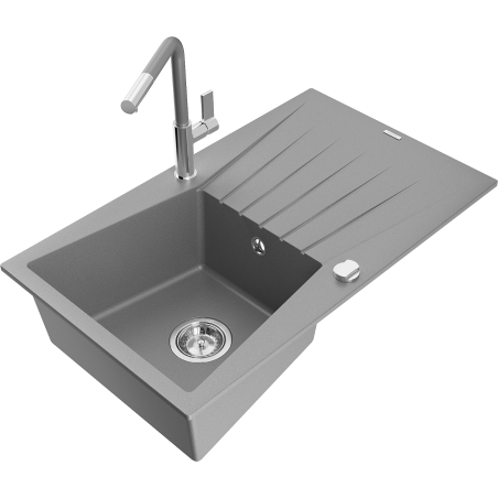 Mexen Cesar granitový dřez 1-komorový s odkapávačem a kuchyňskou baterií Flora, šedý - 6514-71-670401-06