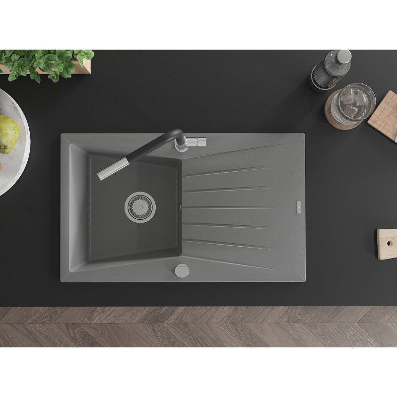 Mexen Cesar granitový dřez s jednou komorou a odkapávačem a kuchyňskou baterií Flora, šedý - 6514-71-670401-07
