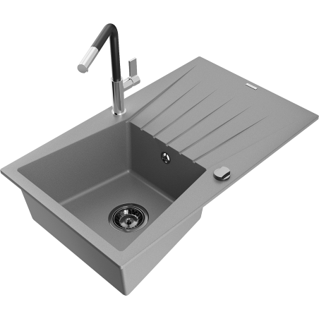 Mexen Cesar granitový dřez s odkapávačem a kuchyňskou baterií Flora, šedý - 6514-71-670401-07-B