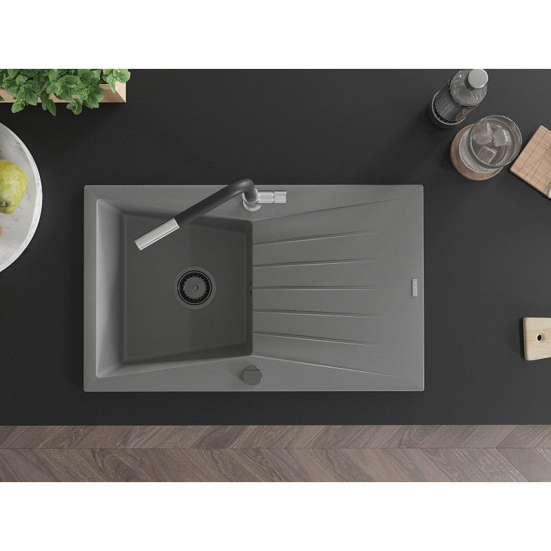 Mexen Cesar žulový dřez s jednou komorou s odkapávačem a kuchyňskou baterií Flora, šedý - 6514-71-670401-07-B