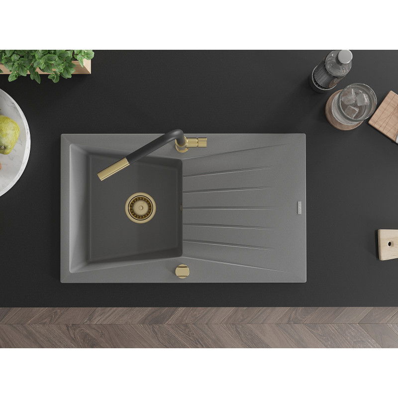 Mexen Cesar granitový dřez 1-komorový s odkapávačem a kuchyňskou baterií Flora, šedý - 6514-71-670401-57-G