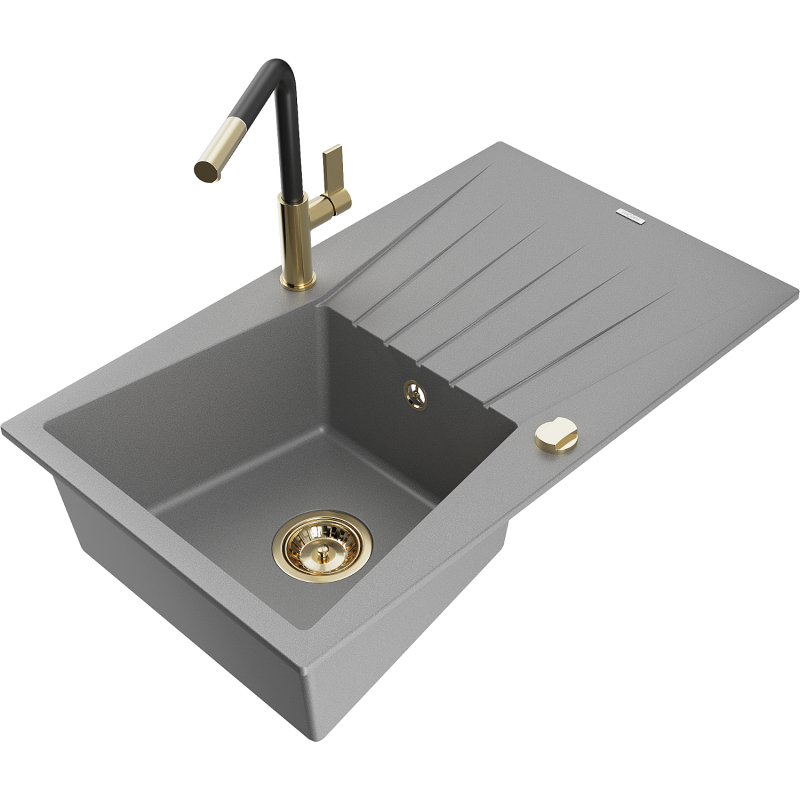 Mexen Cesar granitový dřez 1-komorový s odkapávačem a kuchyňskou baterií Flora, šedý - 6514-71-670401-57-G