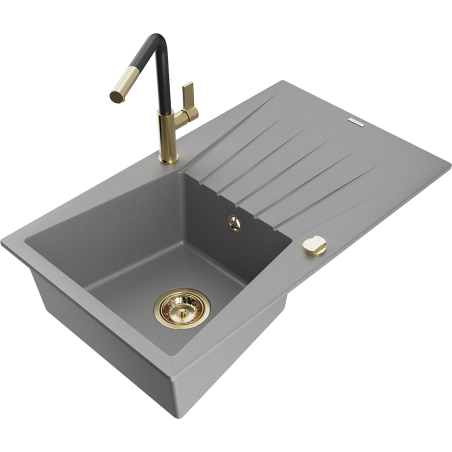 Mexen Cesar granitový dřez 1-komorový s odkapávačem a kuchyňskou baterií Flora, šedý - 6514-71-670401-57-G