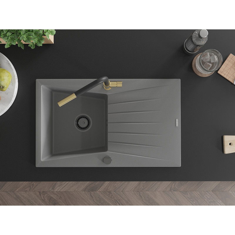 Mexen Cesar žulový dřez 1-komorový s odkapávačem a kuchyňskou baterií Flora, šedý - 6514-71-670401-57-B