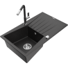Mexen Cesar granitový dřez 1-komorový s odkapávačem a kuchyňskou baterií Flora, černý/stříbrný metalik - 6514-73-670401-07