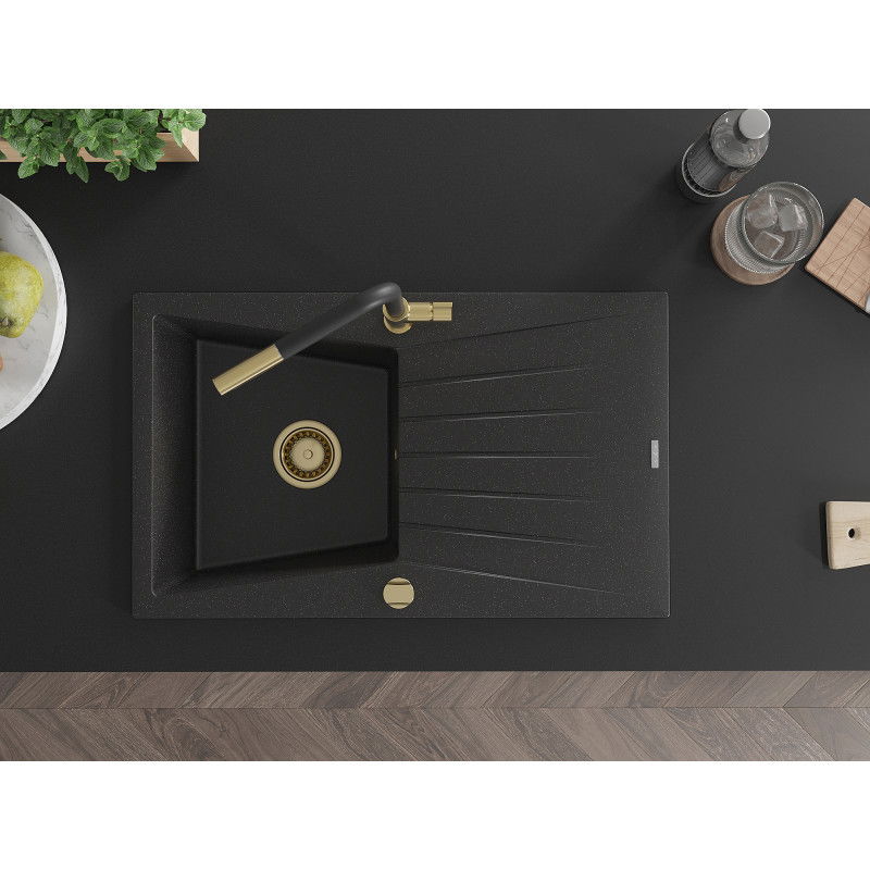 Mexen Cesar granitový dřez 1-komorový s odkapávačem a kuchyňskou baterií Flora, černý/stříbrný metalik - 6514-73-670401-57-G