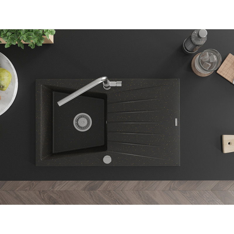 Mexen Cesar granitový dřez 1-komorový s odkapávačem a kuchyňskou baterií Flora, černý/zlatý metalik - 6514-75-670401-00