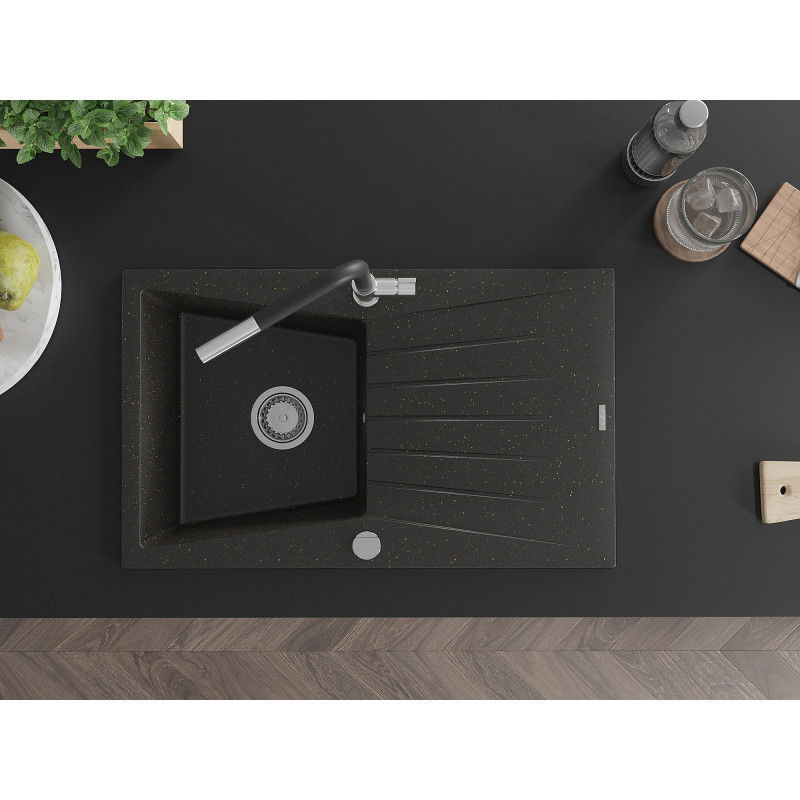 Mexen Cesar granitový dřez s 1 komorou a odkapávačem a kuchyňskou baterií Flora, černý/zlatý metalik - 6514-75-670401-07