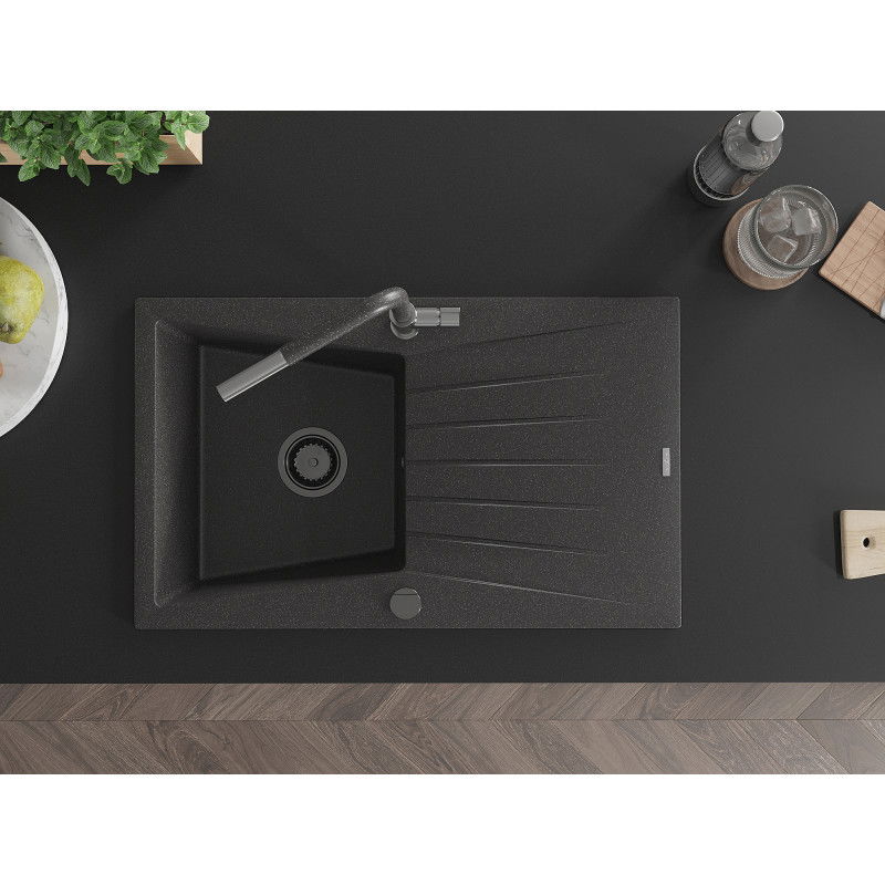 Mexen Cesar granitový dřez s 1 komorou, odkapávačem a kuchyňskou baterií Flora, černý skvrnitý - 6514-76-670401-08-B