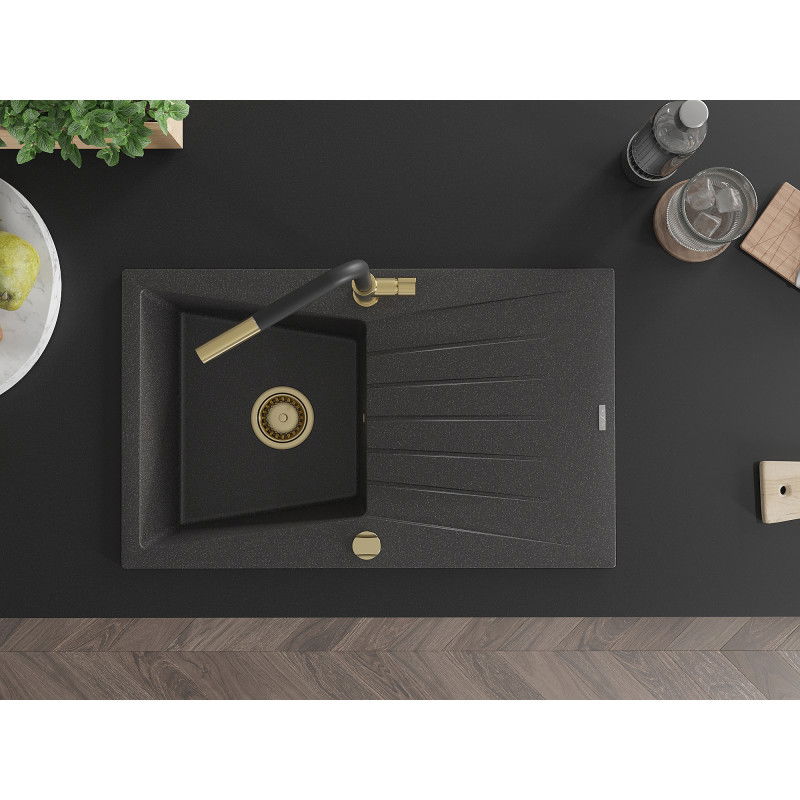 Mexen Cesar granitový dřez 1-komorový s odkapávačem a kuchyňskou baterií Flora, černý kropenatý - 6514-76-670401-57-G