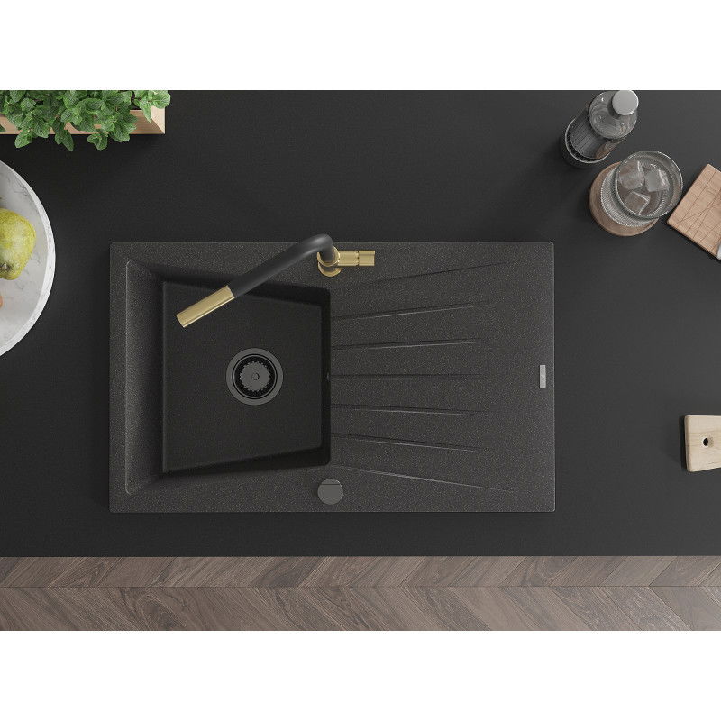 Mexen Cesar granitový kuchyňský dřez 1-komorový s odkapávačem a kuchyňskou baterií Flora, černý skvrnitý - 6514-76-670401-57-B