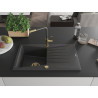 Mexen Cesar žulový dřez s jednou komorou s odkapávačem a kuchyňskou baterií Flora, černý kropenatý