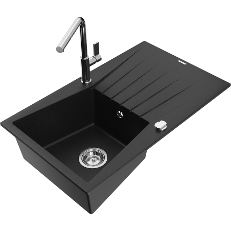 Mexen Cesar granitový dřez jednokomorový s odkapávačem a kuchyňskou baterií Flora, černý - 6514-77-670401-00