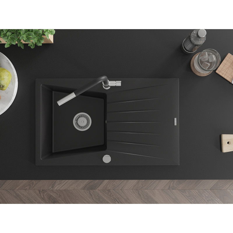Mexen Cesar granitový dřez s 1 komorou, odkapávačem a kuchyňskou baterií Flora, černý - 6514-77-670401-07