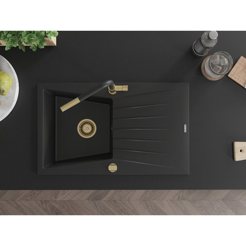 Mexen Cesar granitový dřez 1-komorový s odkapávačem a kuchyňskou baterií Flora, černý - 6514-77-670401-57-G