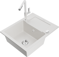 Mexen Enzo kuchyňský dřez granitový 1-komorový s odkapávačem a kuchyňskou baterií Flora, bílý - 6506-20-670401-02