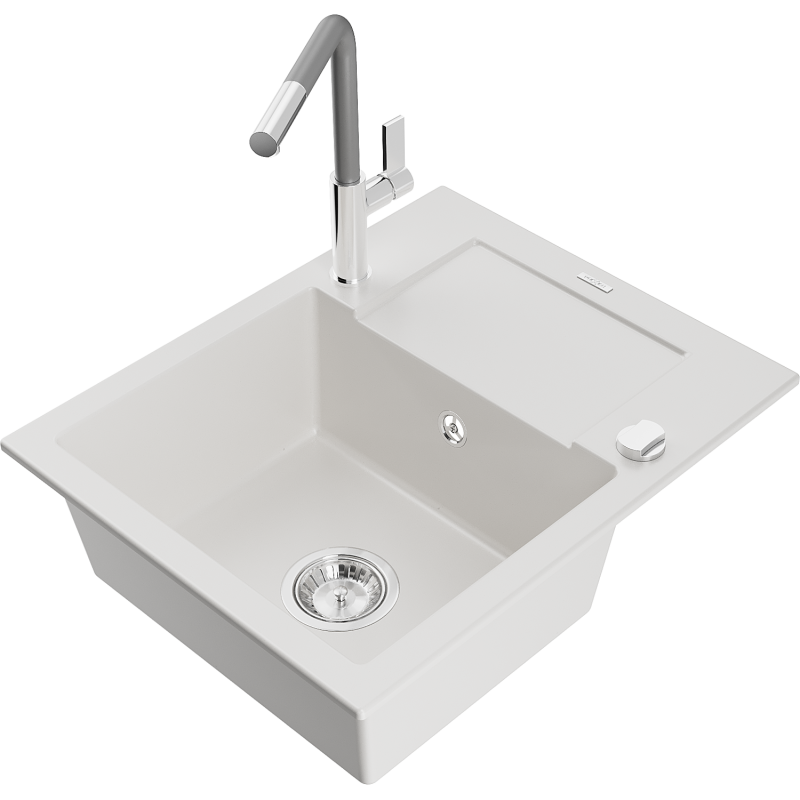 Mexen Enzo granitový dřez s odkapávačem a kuchyňskou baterií Flora, bílý - 6506-20-670401-06