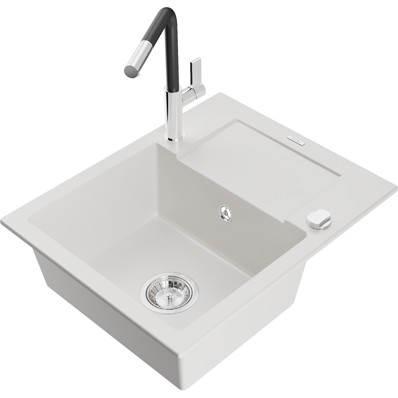 Mexen Enzo granitový dřez 1-komorový s odkapávačem a kuchyňskou baterií Flora, bílý - 6506-20-670401-07