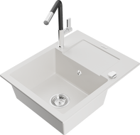 Mexen Enzo granitový dřez 1-komorový s odkapávačem a kuchyňskou baterií Flora, bílý - 6506-20-670401-07