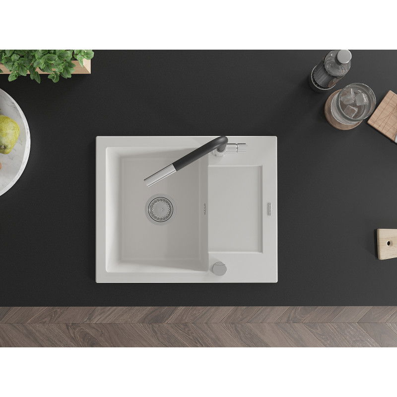 Mexen Enzo granitový dřez 1-komorový s odkapávačem a kuchyňskou baterií Flora, bílý - 6506-20-670401-07