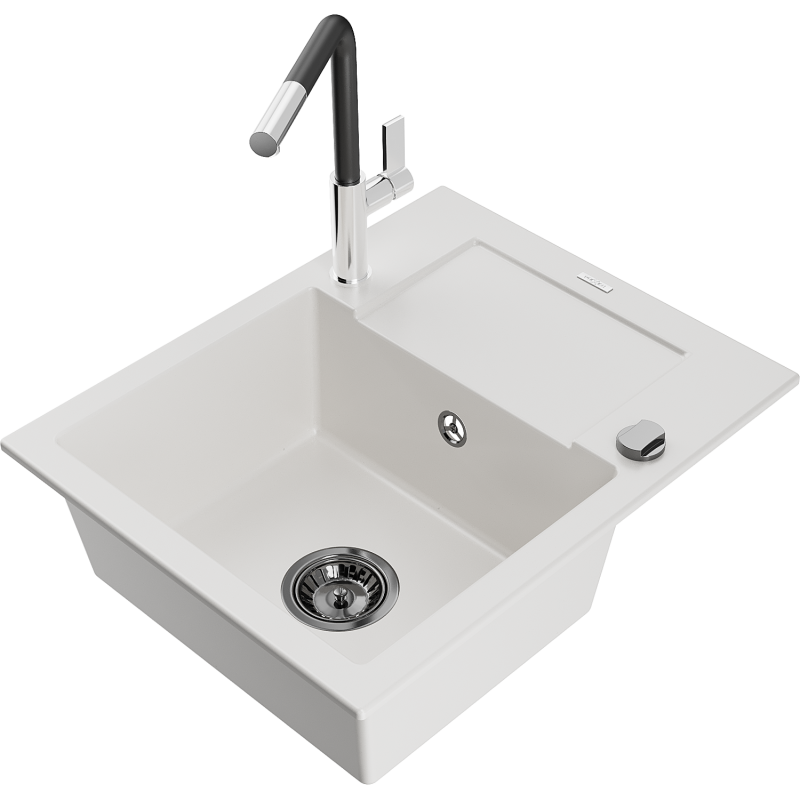 Mexen Enzo granitový dřez 1-komorový s odkapávačem a kuchyňskou baterií Flora, bílý - 6506-20-670401-07-B