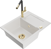 Mexen Enzo granitový dřez jednokomorový s odkapávačem a kuchyňskou baterií Flora, bílý - 6506-20-670401-57-G