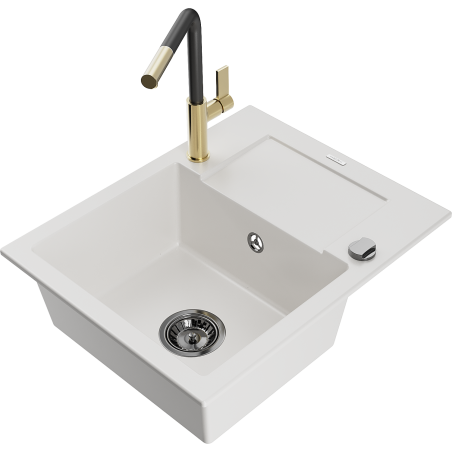 Mexen Enzo granitový dřez 1-komorový s odkapávačem a kuchyňskou baterií Flora, bílý - 6506-20-670401-57-B