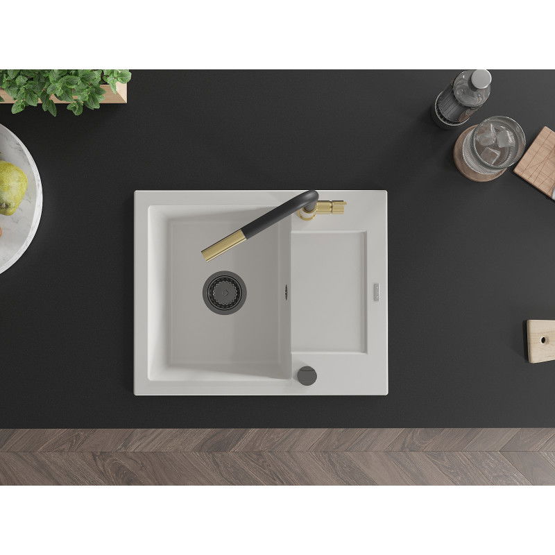 Mexen Enzo granitový dřez 1-komorový s odkapávačem a kuchyňskou baterií Flora, bílý - 6506-20-670401-57-B