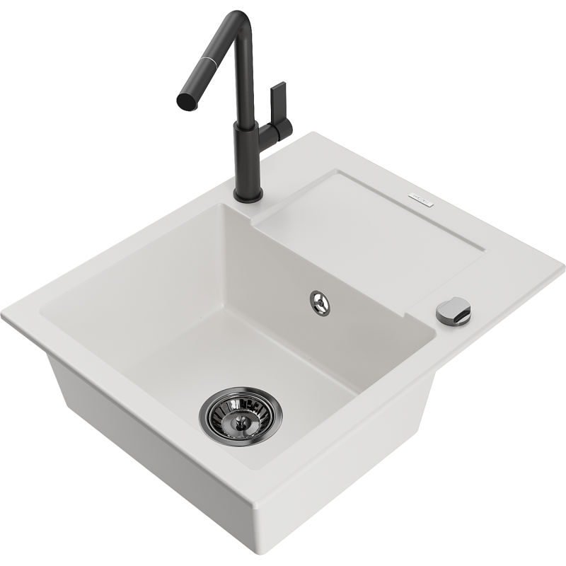 Mexen Enzo granitový dřez 1-komorový s odkapávačem a kuchyňskou baterií Flora, bílý - 6506-20-670401-70-B
