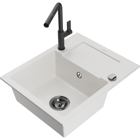Mexen Enzo granitový dřez 1-komorový s odkapávačem a kuchyňskou baterií Flora, bílý - 6506-20-670401-70-B