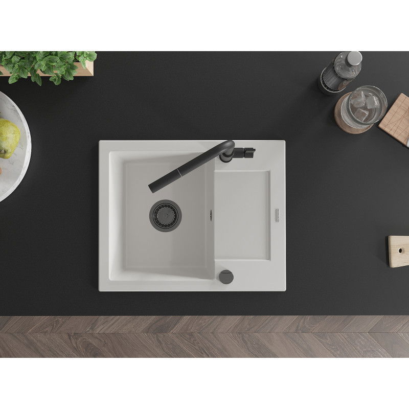 Mexen Enzo granitový dřez 1-komorový s odkapávačem a kuchyňskou baterií Flora, bílý - 6506-20-670401-70-B