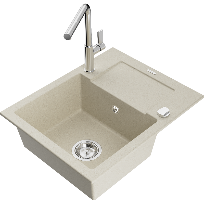 Mexen Enzo granitový dřez 1-komorový s odkapávačem a kuchyňskou baterií Flora, béžový - 6506-69-670401-00