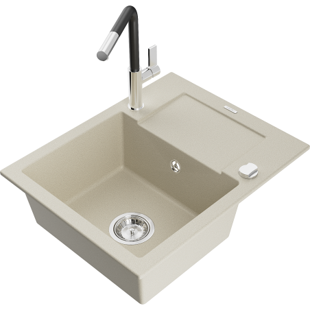 Mexen Enzo granitový dřez 1-komorový s odkapávačem a kuchyňskou baterií Flora, béžový - 6506-69-670401-07